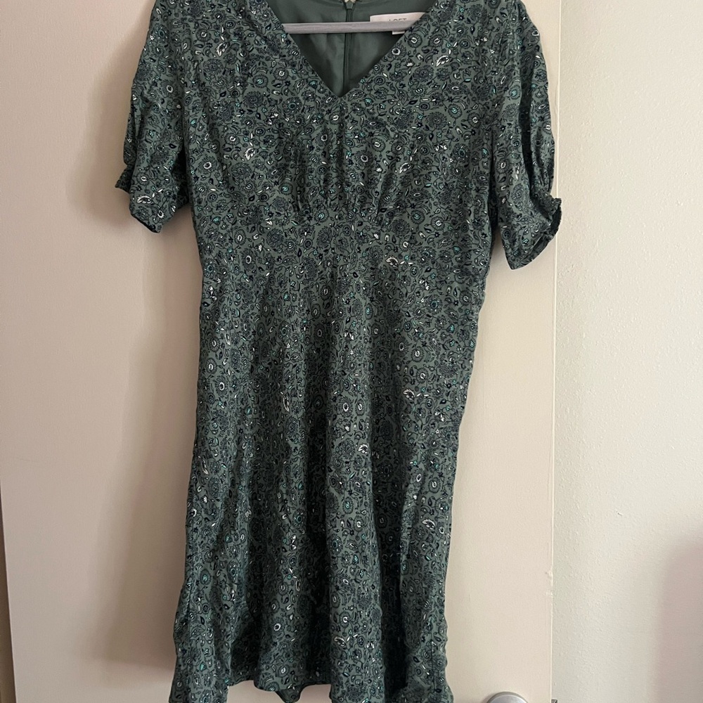 LOFT Green Puff Sleeve Midi Dress for Wedding Guest